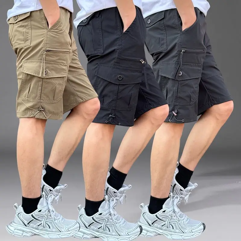 

Летняя тонкая рабочая одежда, свободные повседневные брюки, мужские брюки с несколькими карманами, большие размеры, со средней талией, прямые брюки длиной пять четвертей