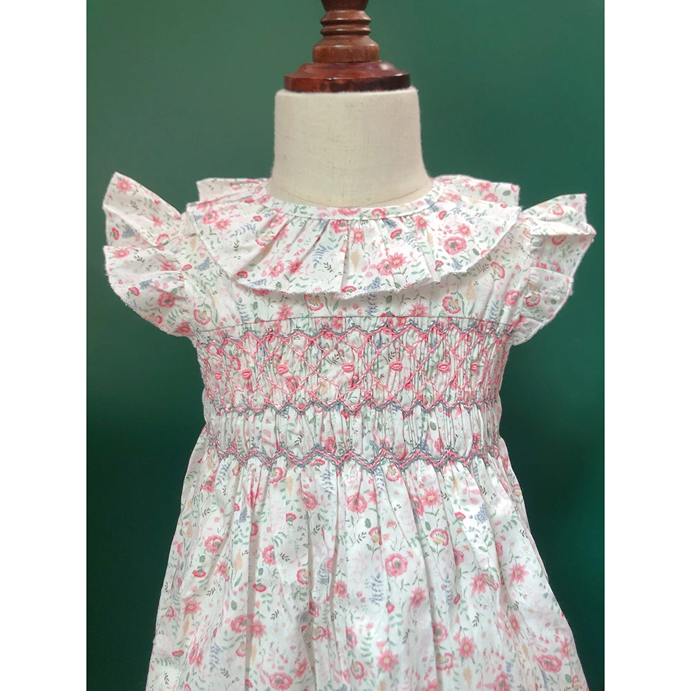 2023 New Summer Girls Handmade Smocking Dress Flying Sleeve Pink Printed Pure Cotton Skirt Cute Outfit Clothing Pure Handwork