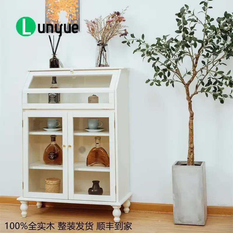 Japanese Style Solid Wood 4 Drawer Dresser White Paint Eco Friendly Glass Display Cabinet for Bedroom Living Room Storage