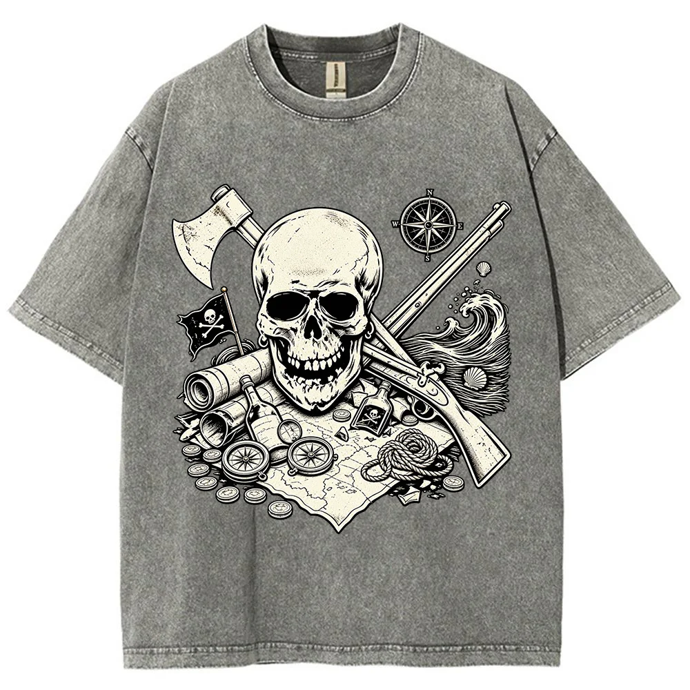 Vintage Skull Pirate Treasure Map Graphic T Shirt Men Women Gothic Adventure Compass Cannon Crew Neck Short Sleeve Tee