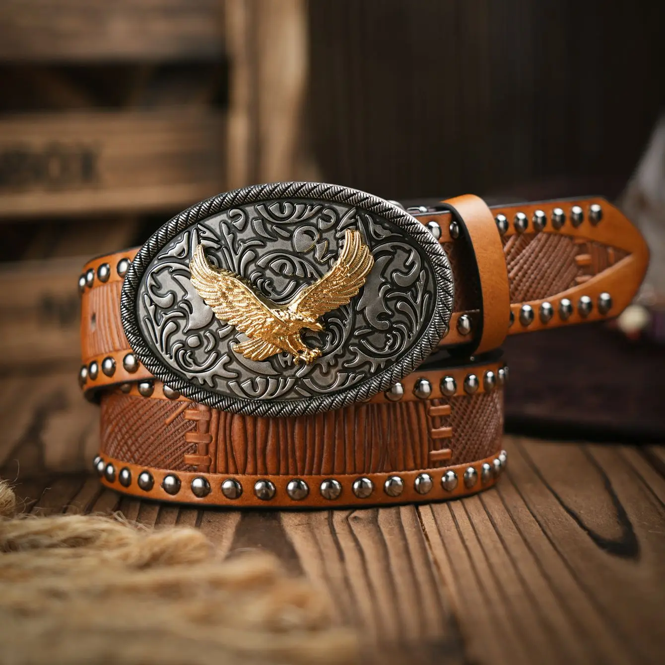 Western Cowboy PU Leather Belt - Men Waist Strap Bull Decoration Floral Engraved for Jeans