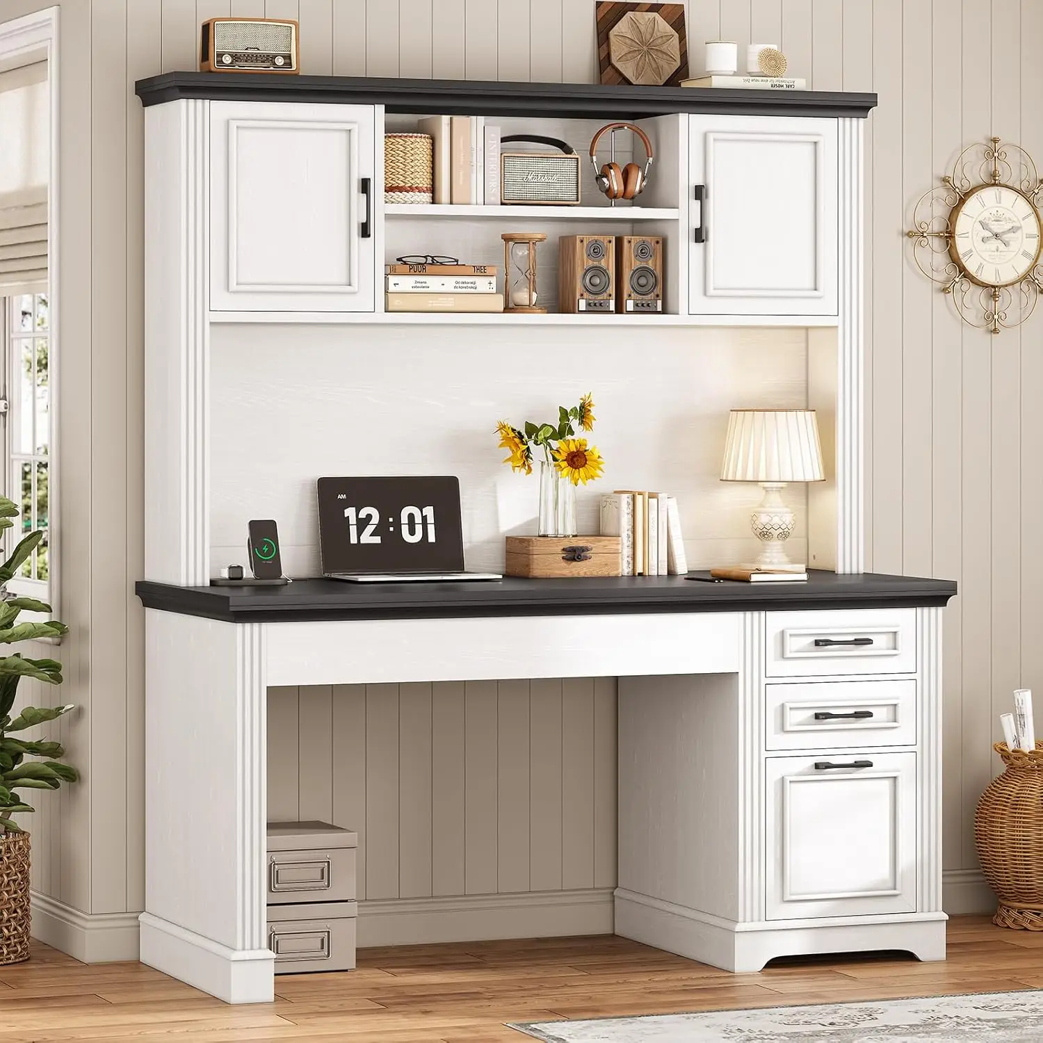 

White Wood Office Desk with Hutch and Drawers, 47.2' Executive Desk with Power Outlet for Home Workspace
