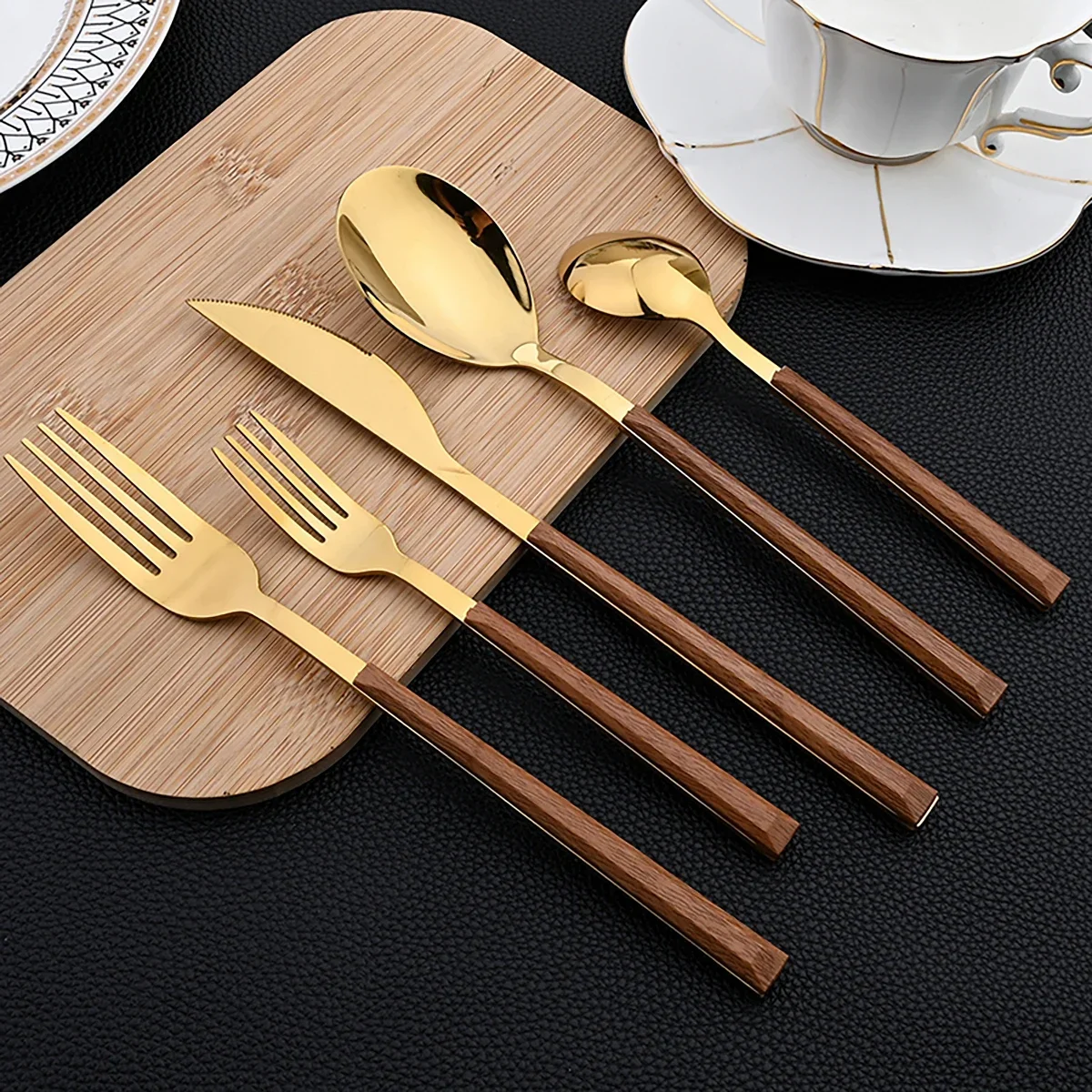 30Pcs Tableware Set Stainless Steel Imitation Wooden Handle Dinnerware Clamp Western Cutlery Knife Fork Tea Spoon