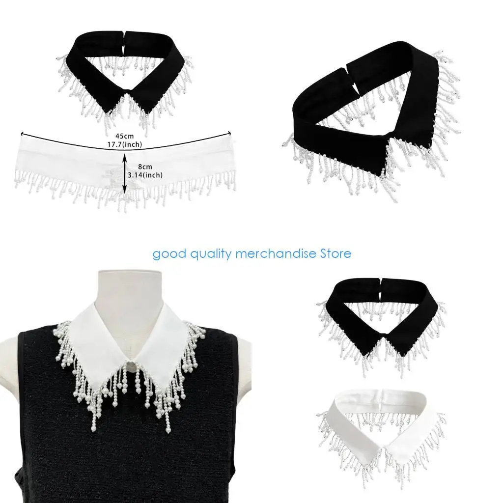 

Y5JD Жемчужная отделка кисточками Съемный искусственный воротник Элегантная съемная блузка Воротник рубашки