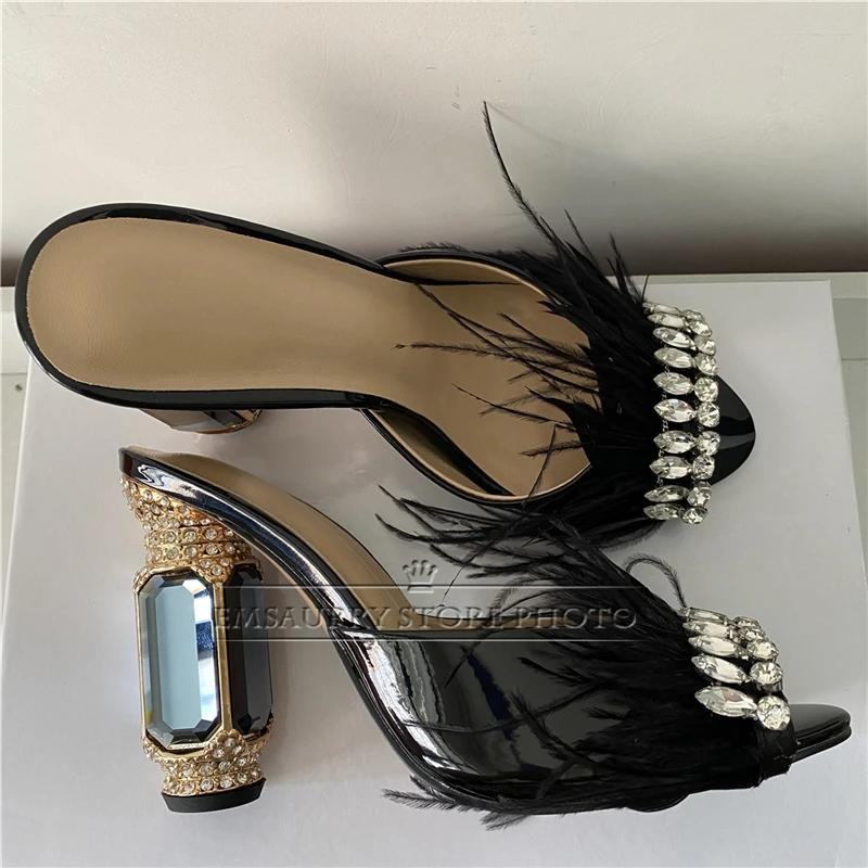 New Design 2024 Crystal Feather Sandals Women Diamond High Heels Open Toe Luxury Satin Slingbacks Rhinestone Shoes Woman