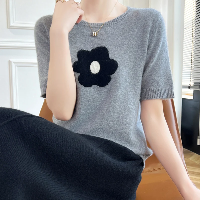 Модный женский свитер из 100% мериносовой шерсти с круглым вырезом, модный вязаный свитер с цветочным принтом, пуловер с короткими рукавами, кашемировый мягкий удобный топ одежды