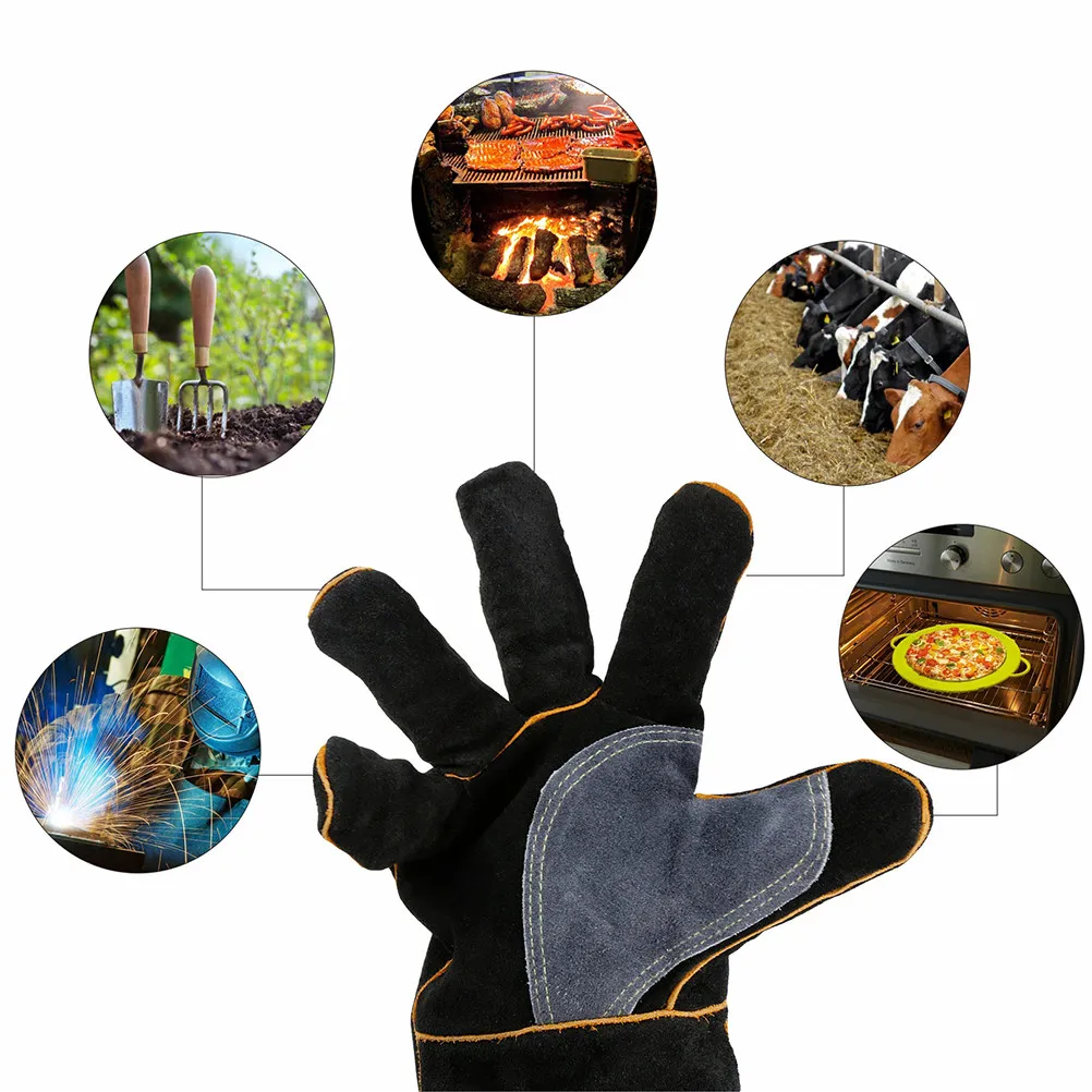 

Protective Gloves Pair Double Layer Cowhide Thickened Heat Insulation Anti-Scald Work Gloves for Oven Baking Soldering