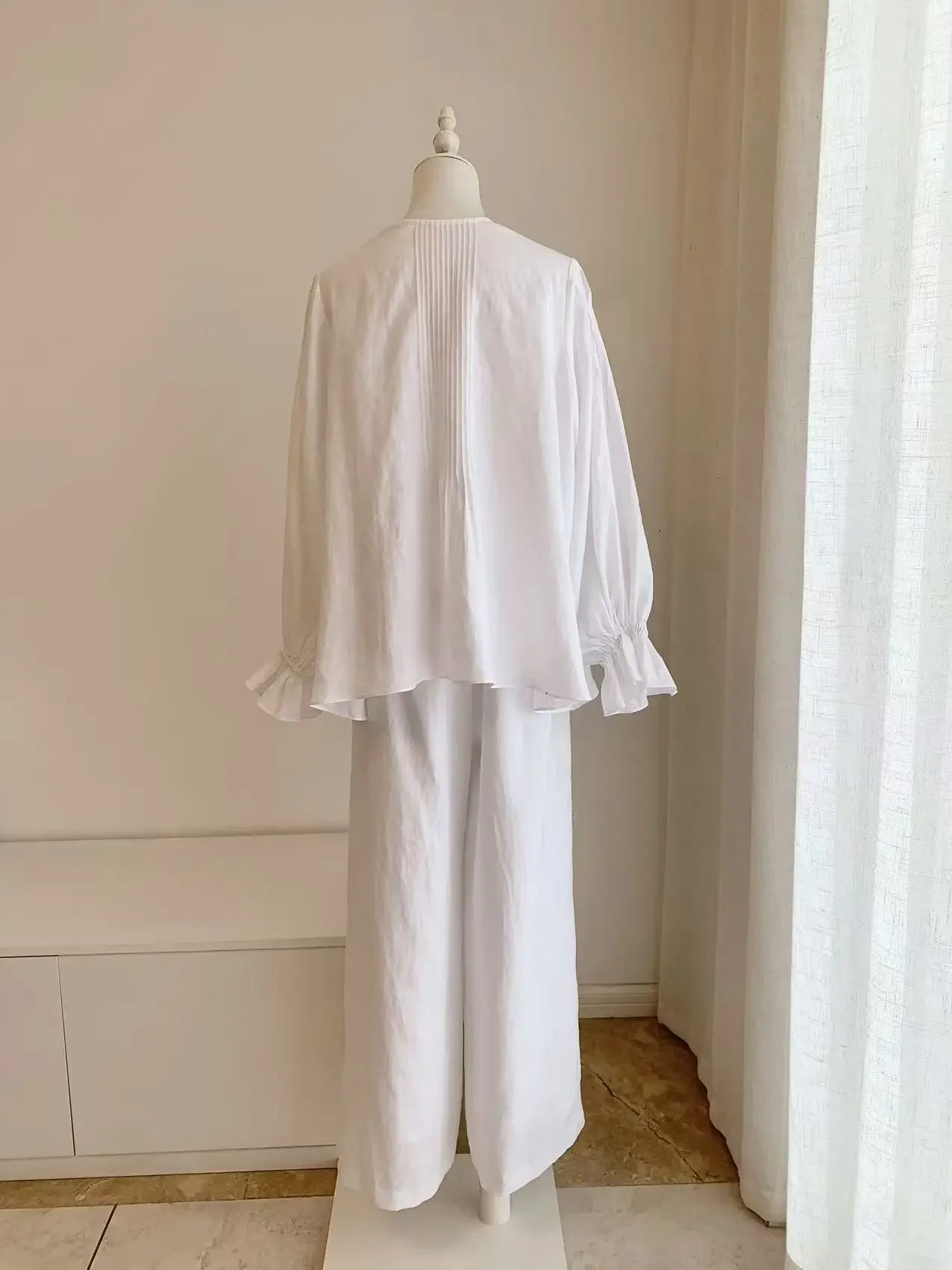 Women Pure Color Pants Suit Autumn Round Neck Flare Sleeve Blouse + High Waist Straight Wide Leg Pants Casual Female Set