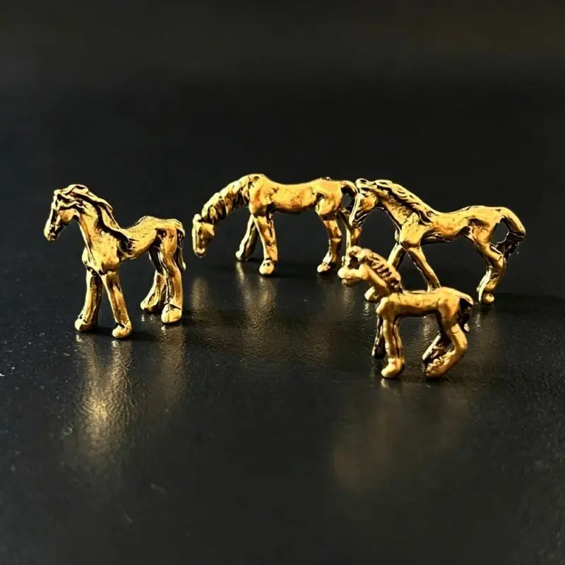 1/4 Pack Vintage Copper Alloy Zodiac Horse Statues Long Tail Horse Figurine Feng Shui Desktop Mini Craft Home Decoration