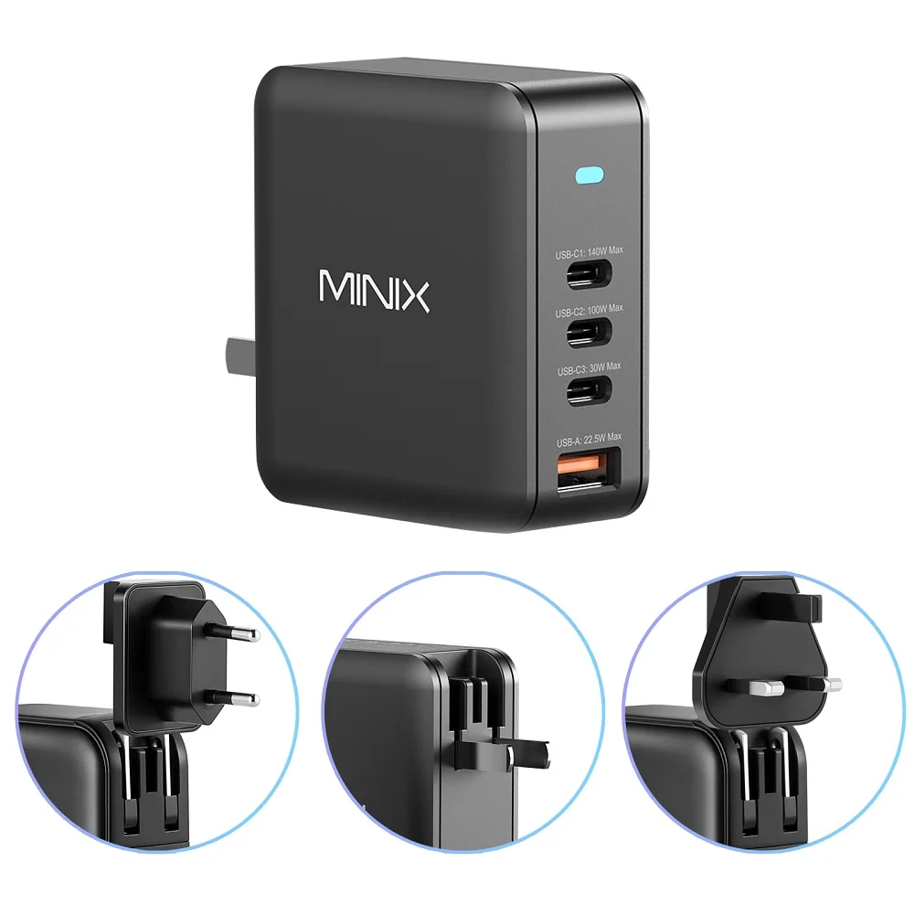 MINIX P165  165W GaN USB Charger for Macbook, notebooks, tablet and phones, 3 type-c output with multi plugs for travelling