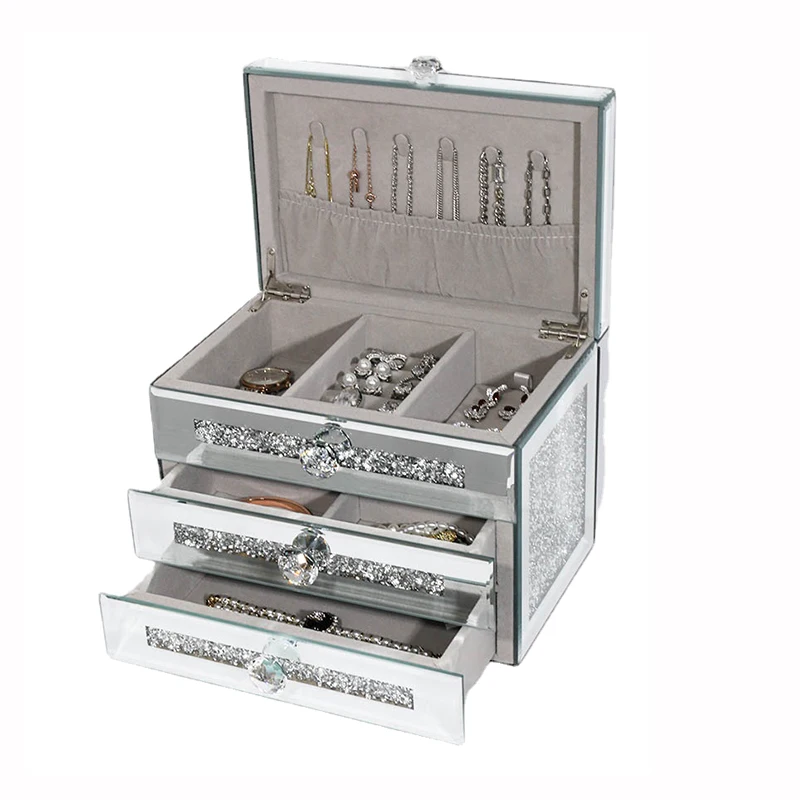 Silver Glass Jewelry Storage Box Luxury 3 Layers Large Capacity Jewelry Boxes Earrings Necklace Makeup Drawer Organizers Gifts