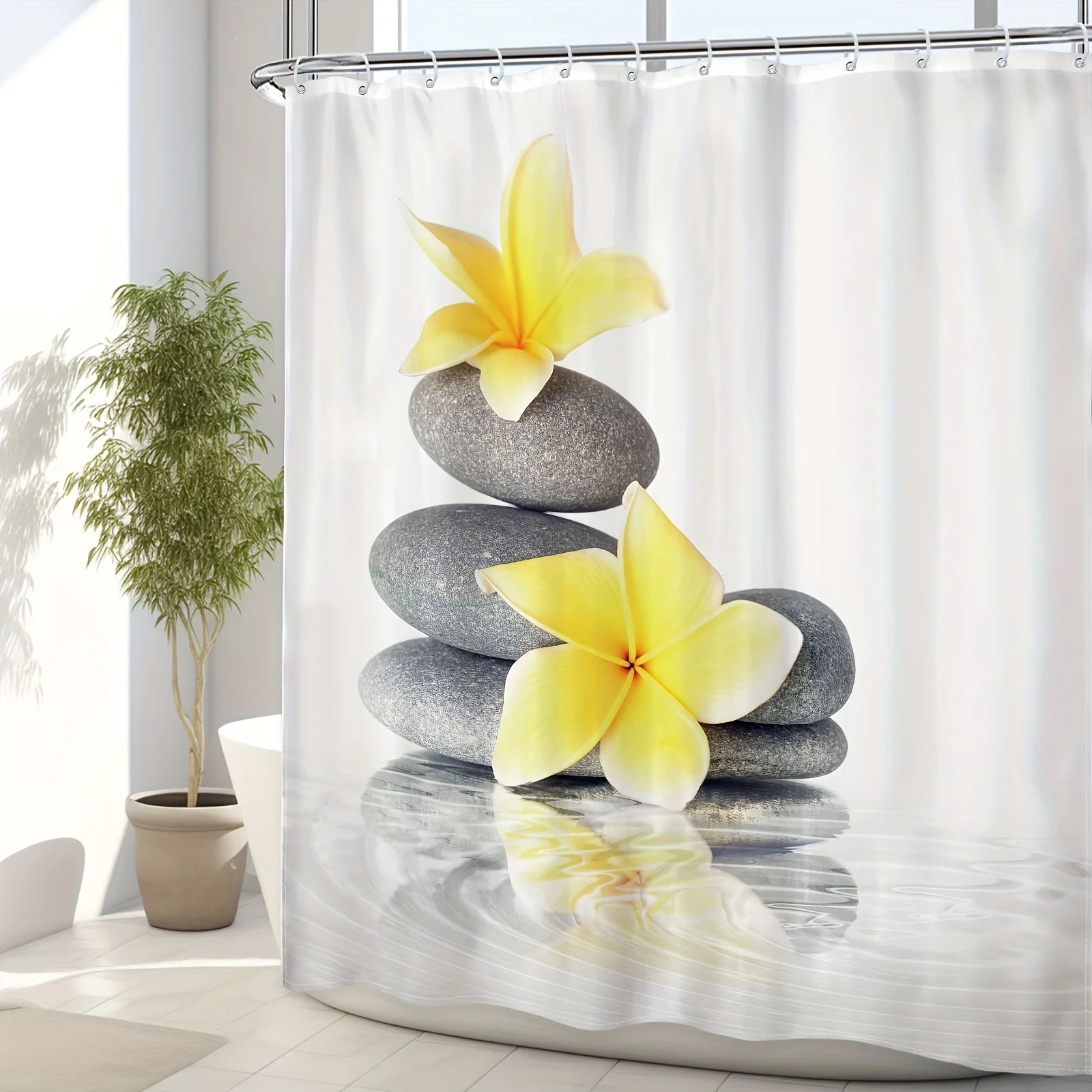 Featuring Serene Stones, Plumeria Flowers, Water Ripples, Bamboo Stalks, and Tranquil Streams for Relaxing Bathroom Decor