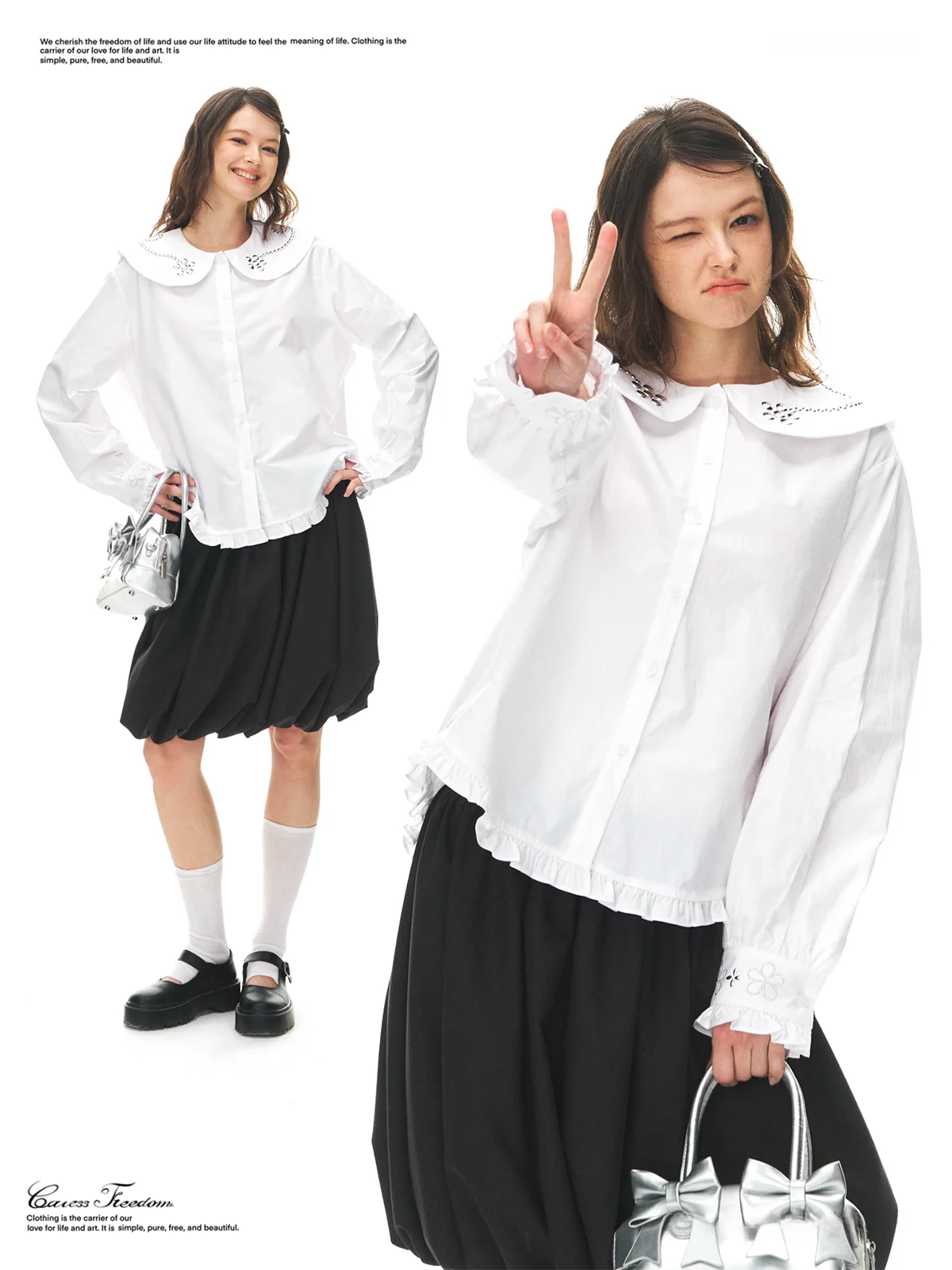 

Повседневная свободная хлопковая рубашка с длинным рукавом для девочек, с волнистым цветочным воротником-стойкой, стразами и заклепками, модный топ для подростков