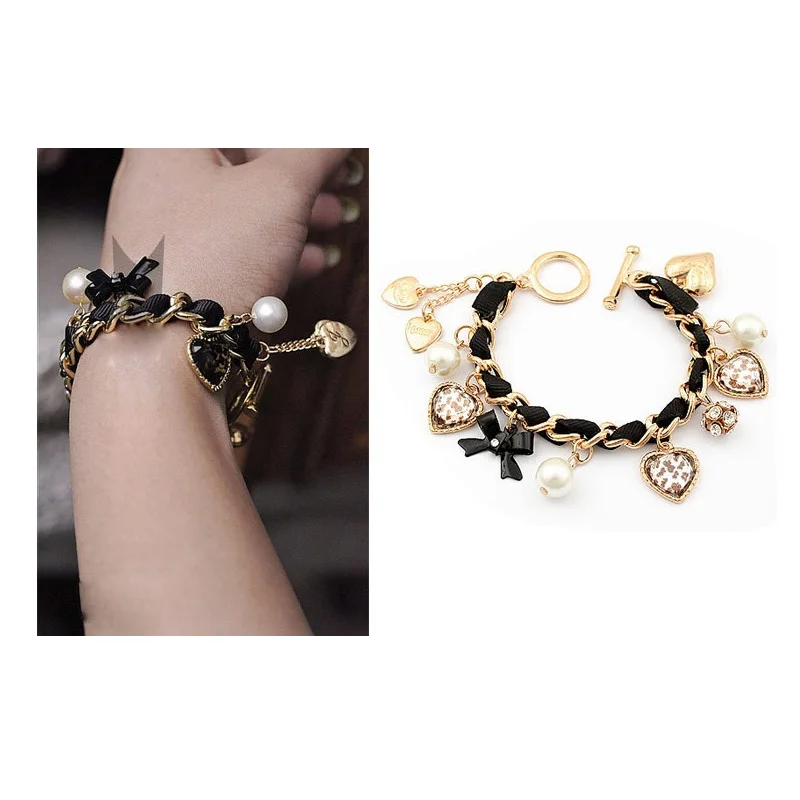 Pulsera de leopardo con forma de corazón para mujer, brazalete Vintage de cuero negro, cadena con lazo tejido, joyería de lujo