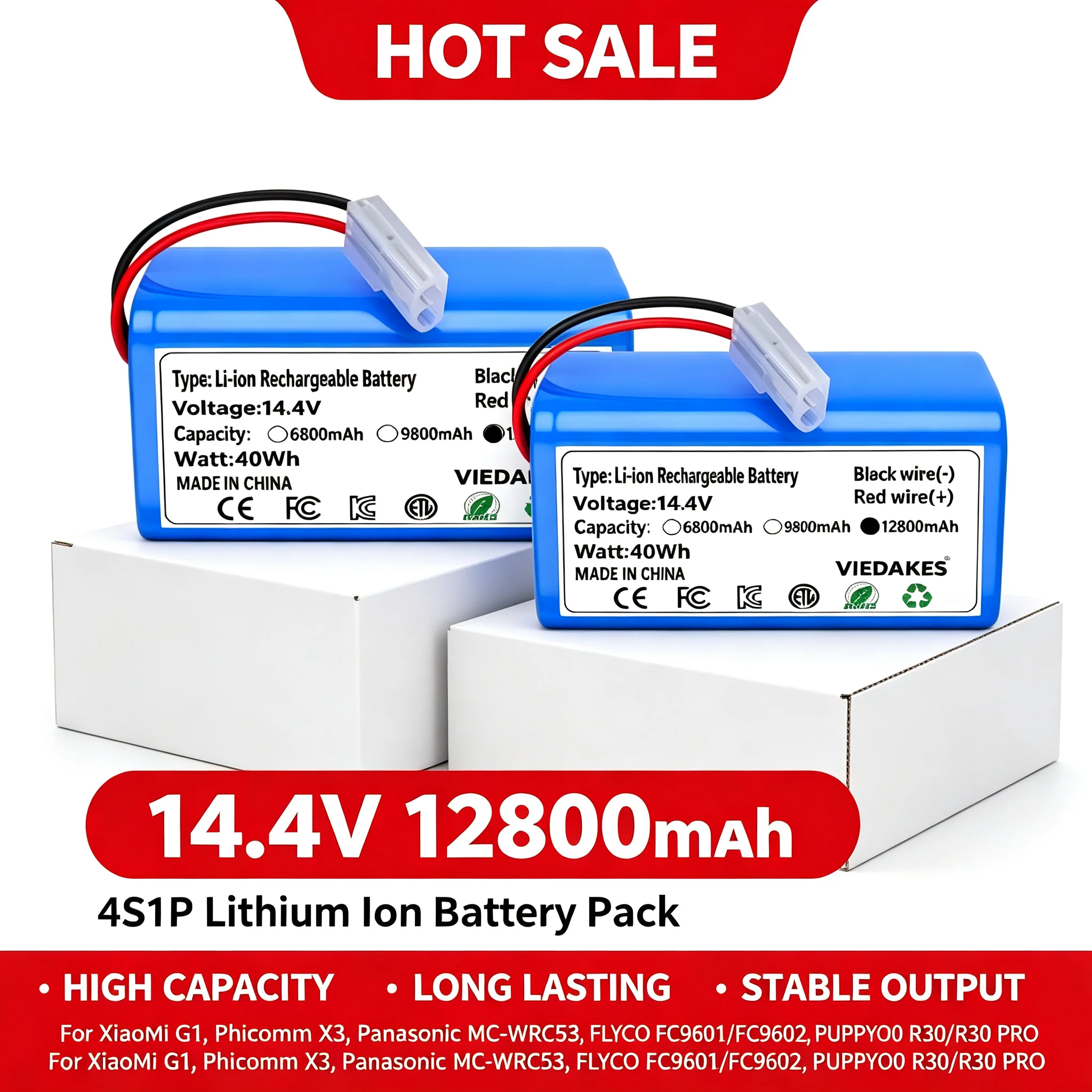 VIEDAKES 14.4V 12800mAh 4S1P Li‑ion Battery Pack For XiaoMi G1 Phicomm X3 PUPPY R30 R30 PRO Robot Vacuum Replacement Battery