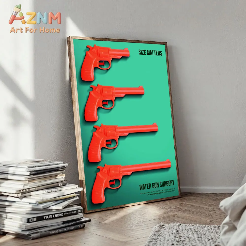 

AZNM "Size Matters Water Gun Surgery" Canvas Print, Frameless Single Panel Humorous Red Water Gun Poster, Modern Pop Art Green B