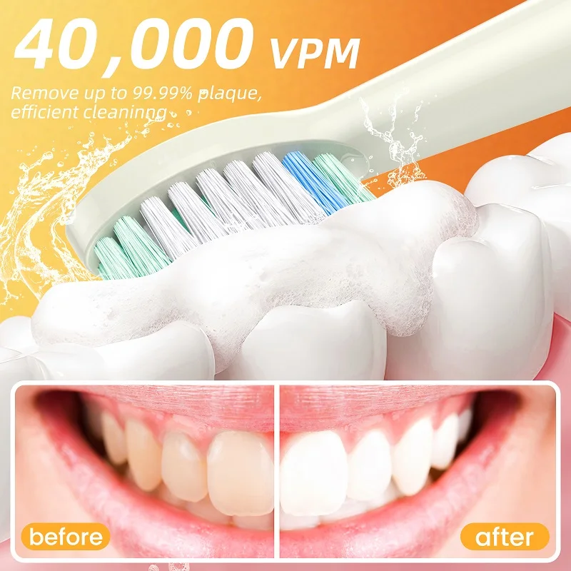 8 فرشاة أسنان كهربائية 1 رأس حامل لفرشاة الأسنان 1 صندوق تخزين 5 أوضاع تشغيل فرشاة أسنان كهربائية بالموجات فوق الصوتية للتنظيف الفعال