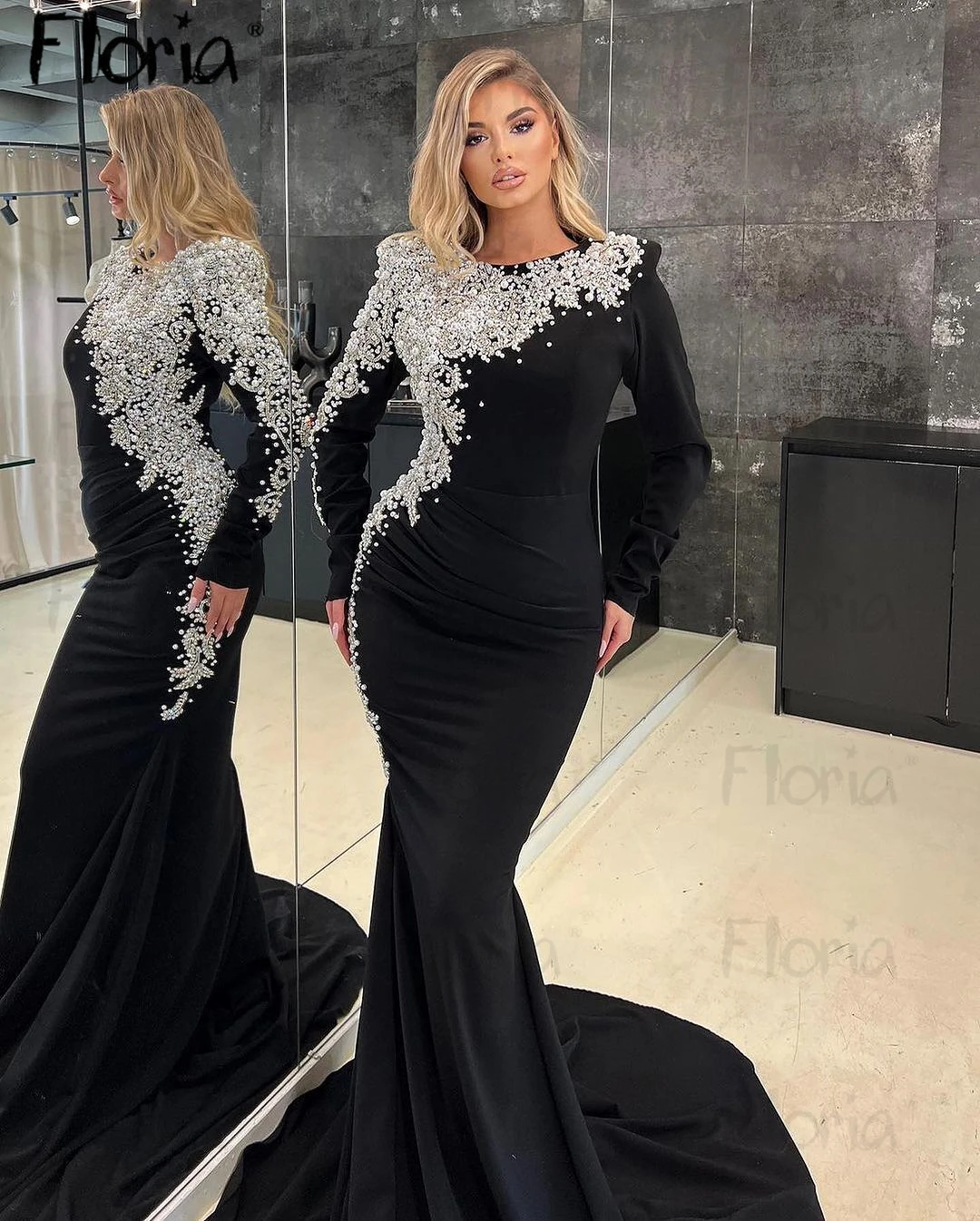 

Abendkleider Black Muslim Long Sleeve Evening Dress Plus Size Custom Made Prom Party Gown Arabic Pearls Formal Occasion Dresses