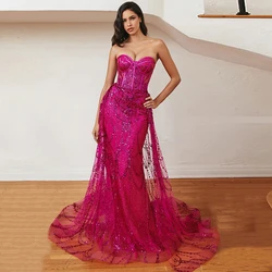 Fuchsia Mermaid Evening Dress Detachable Skirt Customized Sweetheart Sleeveless Lace Arab Prom Dresses Women Party Gown