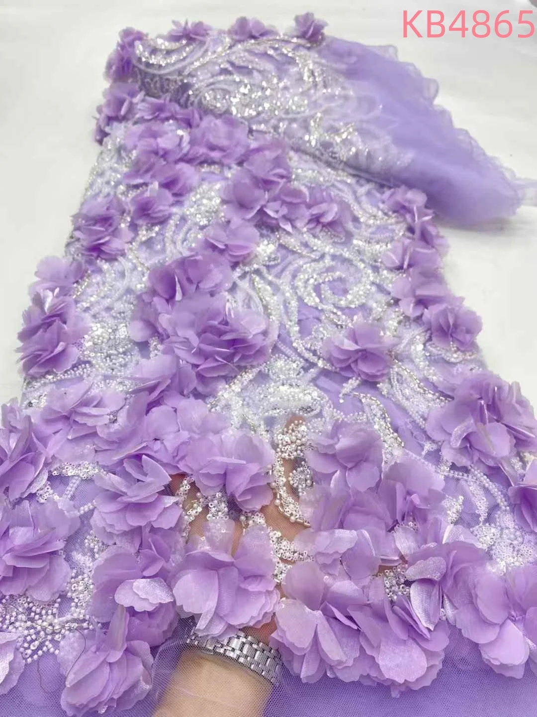 

African Luxury 3D Flower Lace Fabric Beaded Lace 2025 High Quality Nigerian Sequins Lace Fabrics For Wedding Party Dress KB4864