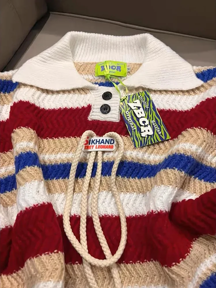 

Striped Knitting Lapel Sweater Women Autumn Loose Preppy All Match Pullover Female Harajuku Patchwork Casual Jumpers New