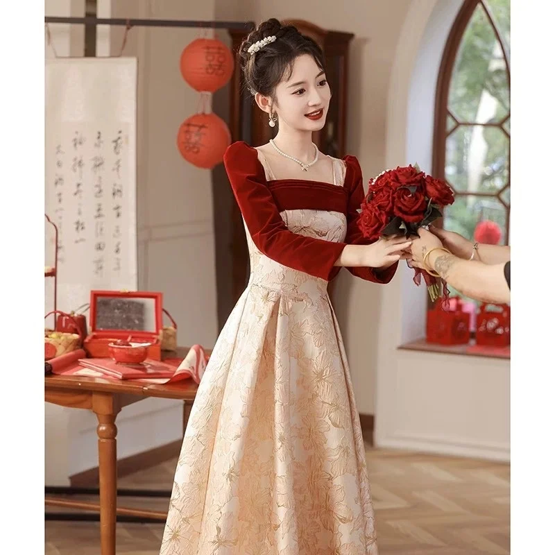 

Длинное свадебное платье для осени и зимы, новое, приталенное, для возвращения домой, повседневное, для помолвки и свадебной церемонии