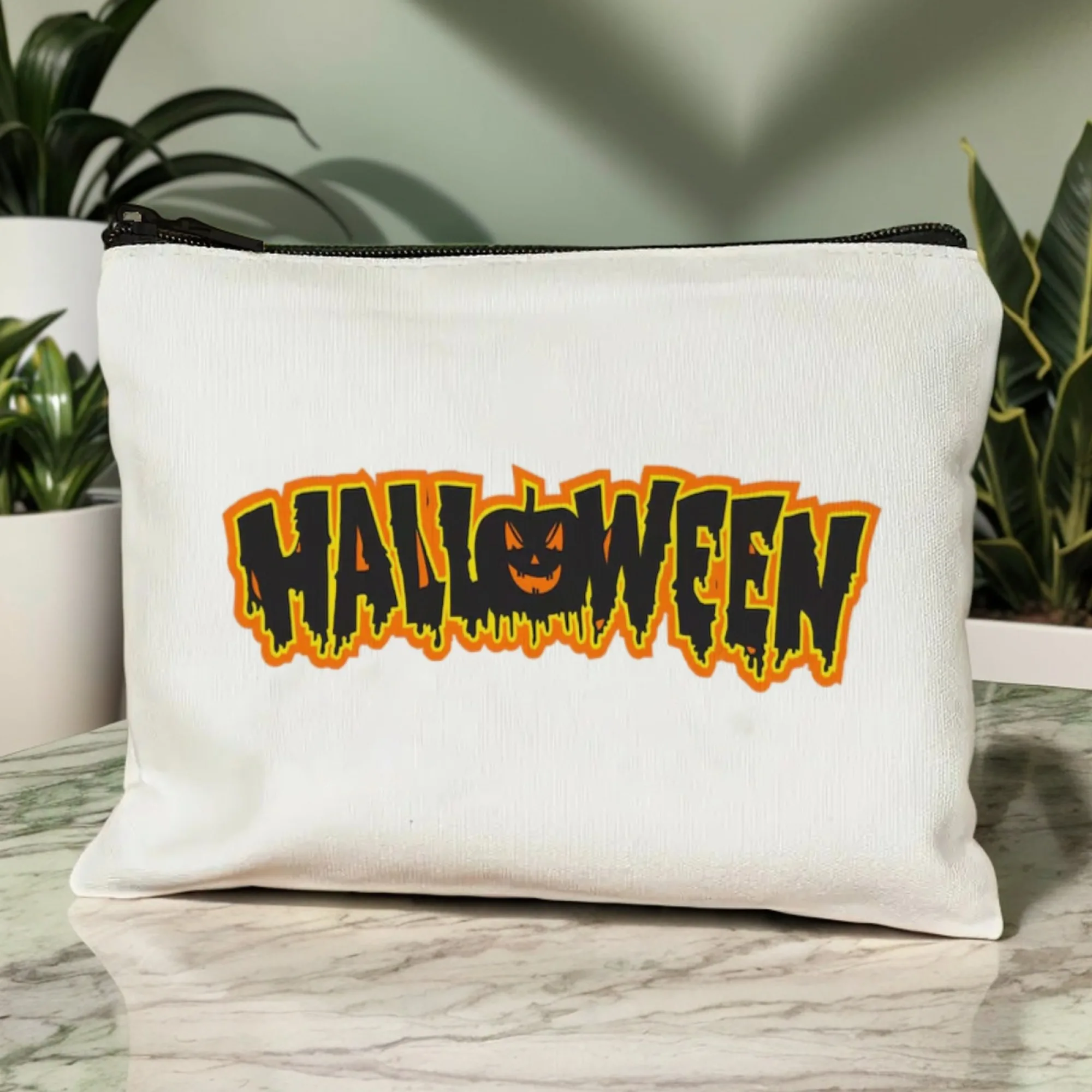 Borsa per cosmetici a tema Halloween Sfondo bianco "Halloween" e motivo zucca Stampa Tessuto lavabile e resistente compatto per portamonete