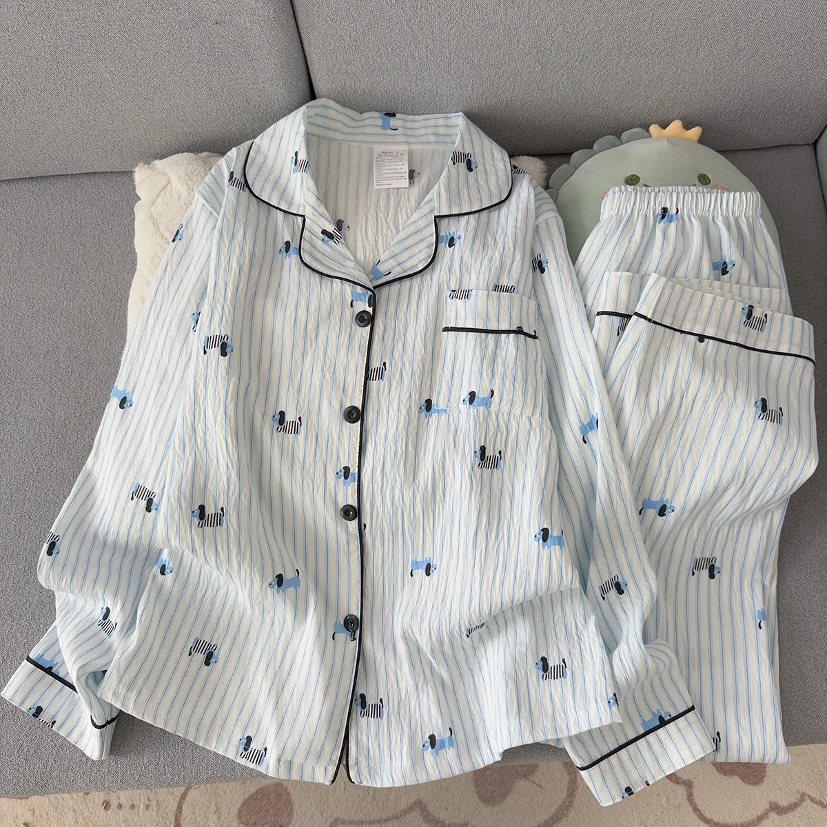 Spring and Autumn Long Sleeved Pajamas for Women Sweet Cartoon Outable Pants Set Home Clothes Ladies Striped Sleepwear Homewear
