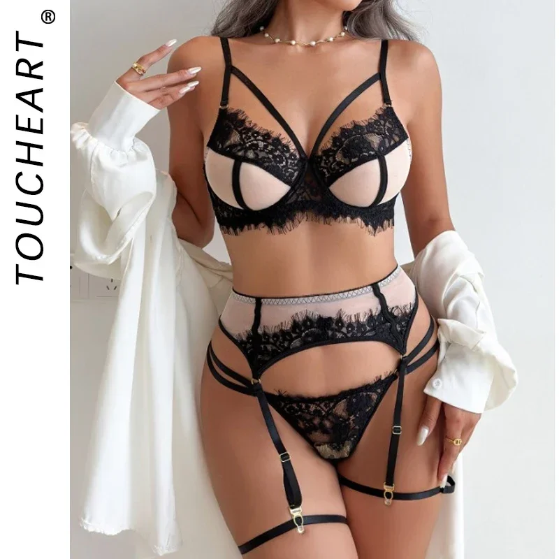 

Toucheart Sexy 3 Point Type Underwear Lace See-through Bow Knot Bra Set Women Solid Color Garters Mesh Patchwork Sexy Lingerie