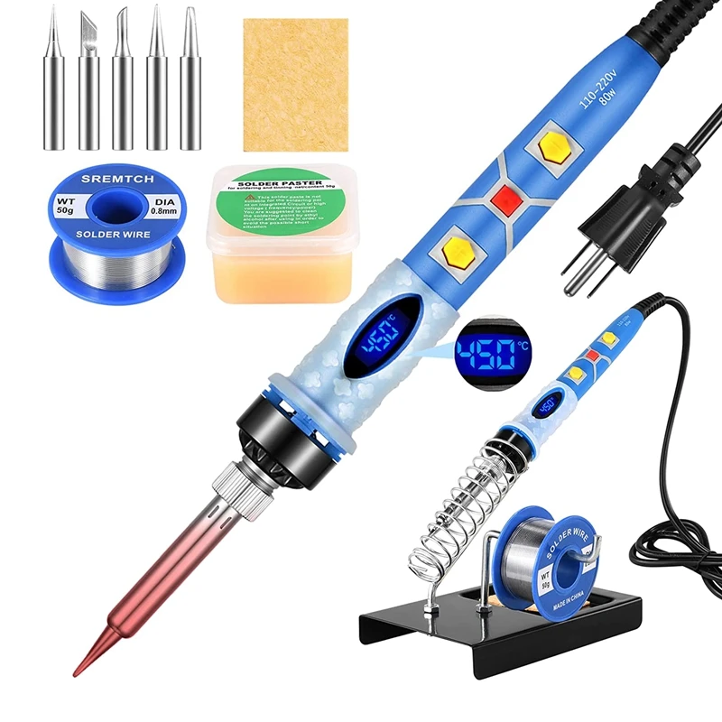 

Hot Soldering Iron Kit, 80W LCD Digital Soldering Iron, 10-In-1 Soldering Tool With Flux, Tip,Soldering Wire, Holder,US Plug