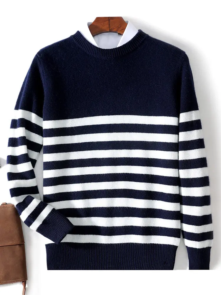 

100% австралийская шерсть, утолщенный жаккардовый полосатый свитер с круглым вырезом, деловой повседневный легкий роскошный кашемировый вязаный свитер