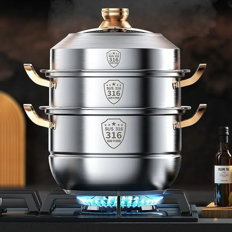 

Штабелируемая пароварка из нержавеющей стали 316, пищевая утолщенная четырехуровневая пароварка, индукционная совместимая домашняя кухонная панель