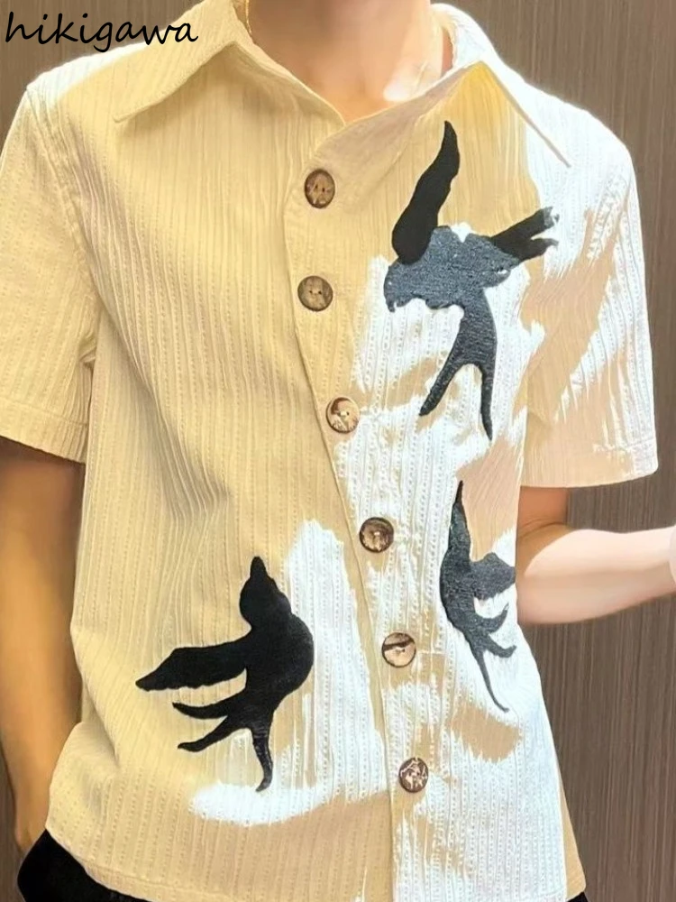 

Women's Clothing Short Sleeve Turndown Collar Blouses 2025 Camisas De Mujer Embroidery Summer Shirts Vintage Chic Blouse Tops