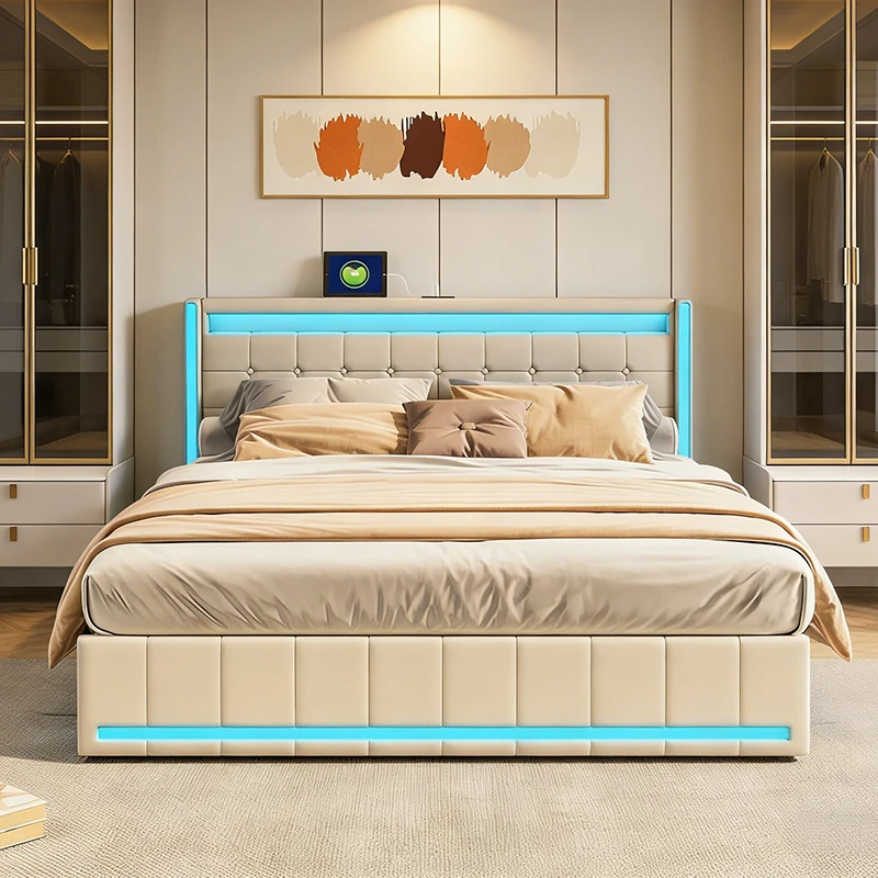 Base de Cama Doble Anajqaqia, con Tira de Luces LED, Puerto de Carga USB y 4 Cajones de Almacenamiento