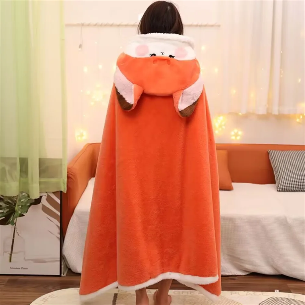 Cartoon Fox Blanket Orange Color Plush Pajamas Anime Cloak Halloween Cloak For Adults Winter Ponchos Women Hooded Cape