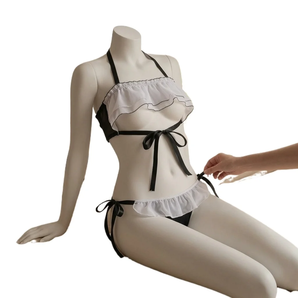 Women's Kawaii Lingerie Set, Ruffled Halter Underbust Top and Side Tie Frilly Panties, Black and White Maid Cosplay Costume