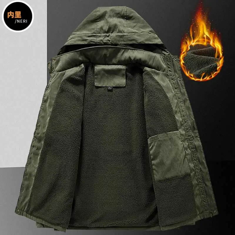 Abrigo militar de lana de cordero para hombre, parka gruesa y cálida, resistente al desgaste, a prueba de viento, Chaqueta de algodón con capucha, a