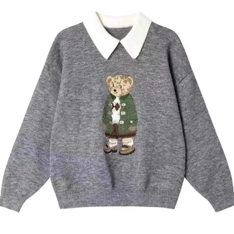 Maglioni con collo a POLO ricamati di alta qualità Coreano dolce orso carino Cartoon maglione pullover inverno moda donna top casual larghi