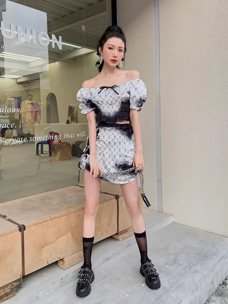 Summer 2024 French Sweet Suit Women Stretch Square Collar Bow Ruffled Stitching Top+High Waist Skirt Slim Spice Girl 2-Piece Set