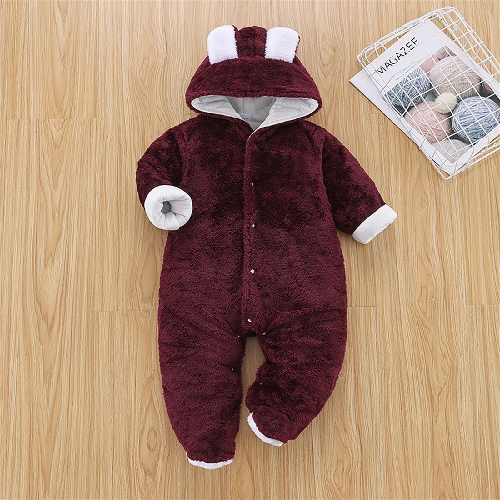 PatPat Baby Boy Girl 3D Bear Design Winter Hooded Jumpsuit One Pieces Four Colors Soft and Comfy
