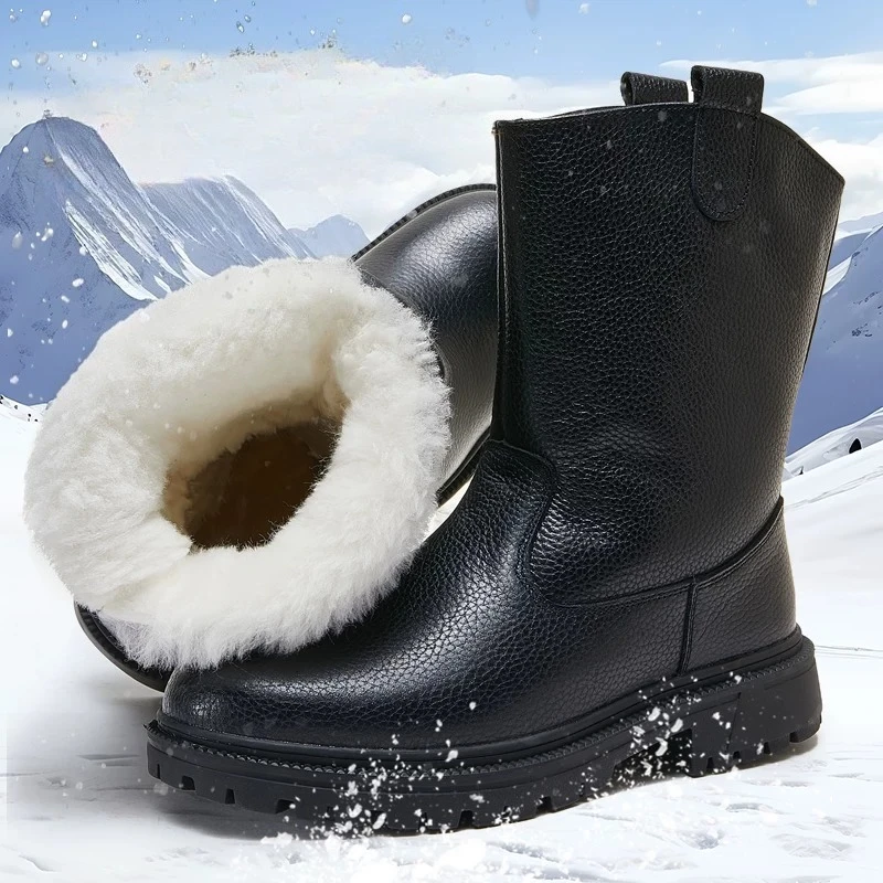 Winter Cold‑proof Snow Boots Men Shearling High-Top Insulated Riding Boots Women Cotton Shoes Non-Slip Wool Outdoor Hiking Boots