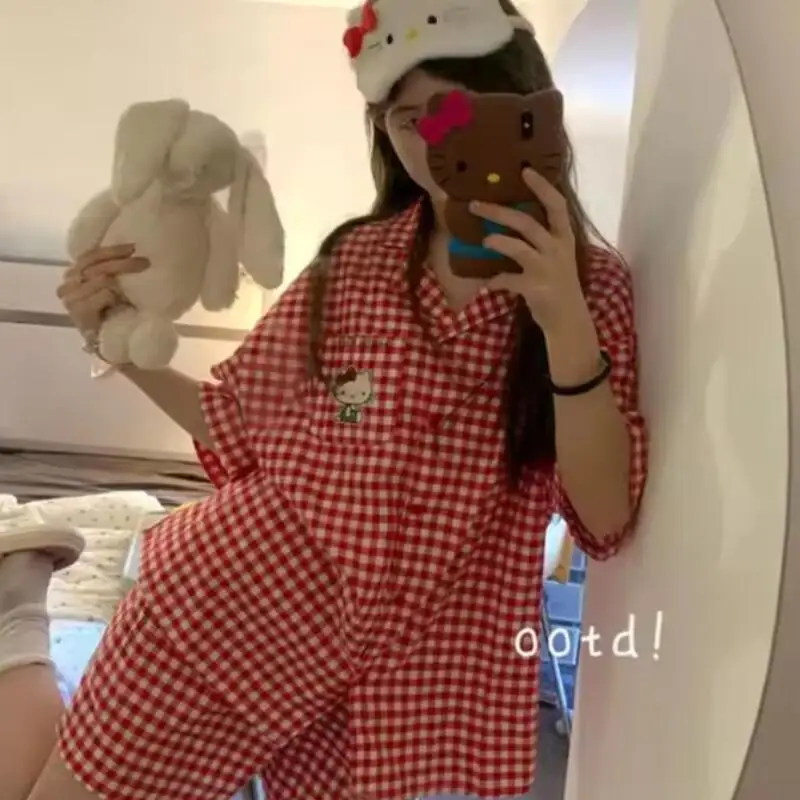 Sanrio – pyjama Hello Kitty de dessin animé, Cardigan d'été confortable, grande taille, ensemble deux pièces, vêtements de maison mignons pour filles, nouvelle collection