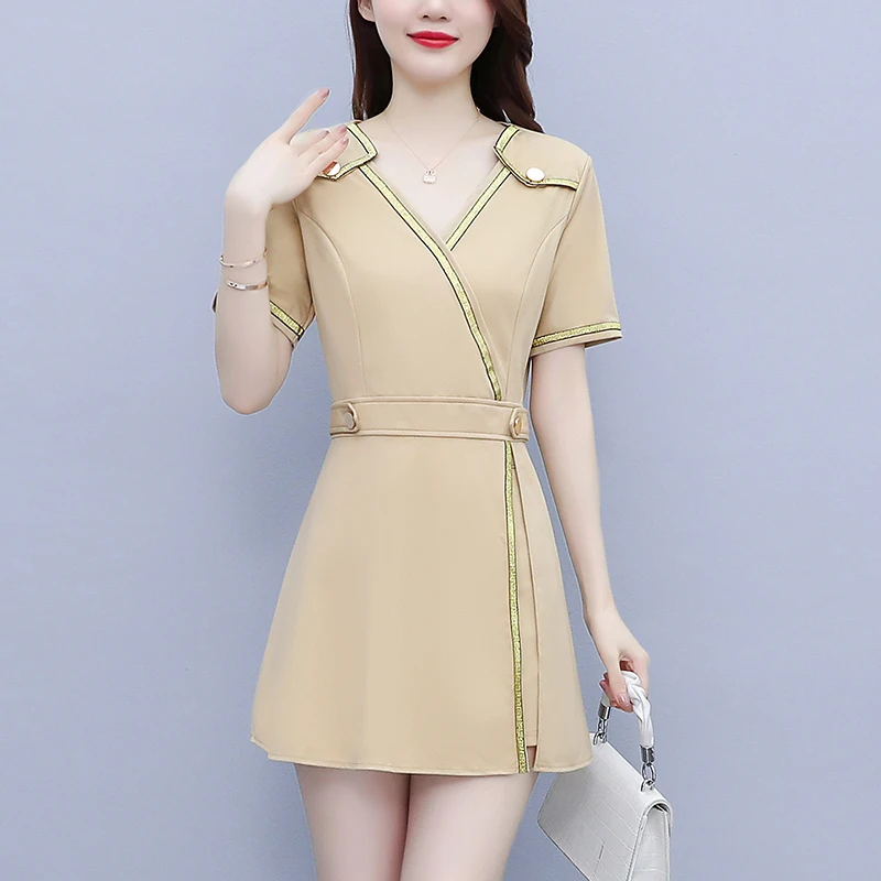 2024 Summer Women Retro OL Work Wear Clothing V neck Two Buttons Slim Waist Split Dress and Blazer Shorts 2pcs Set Outfits