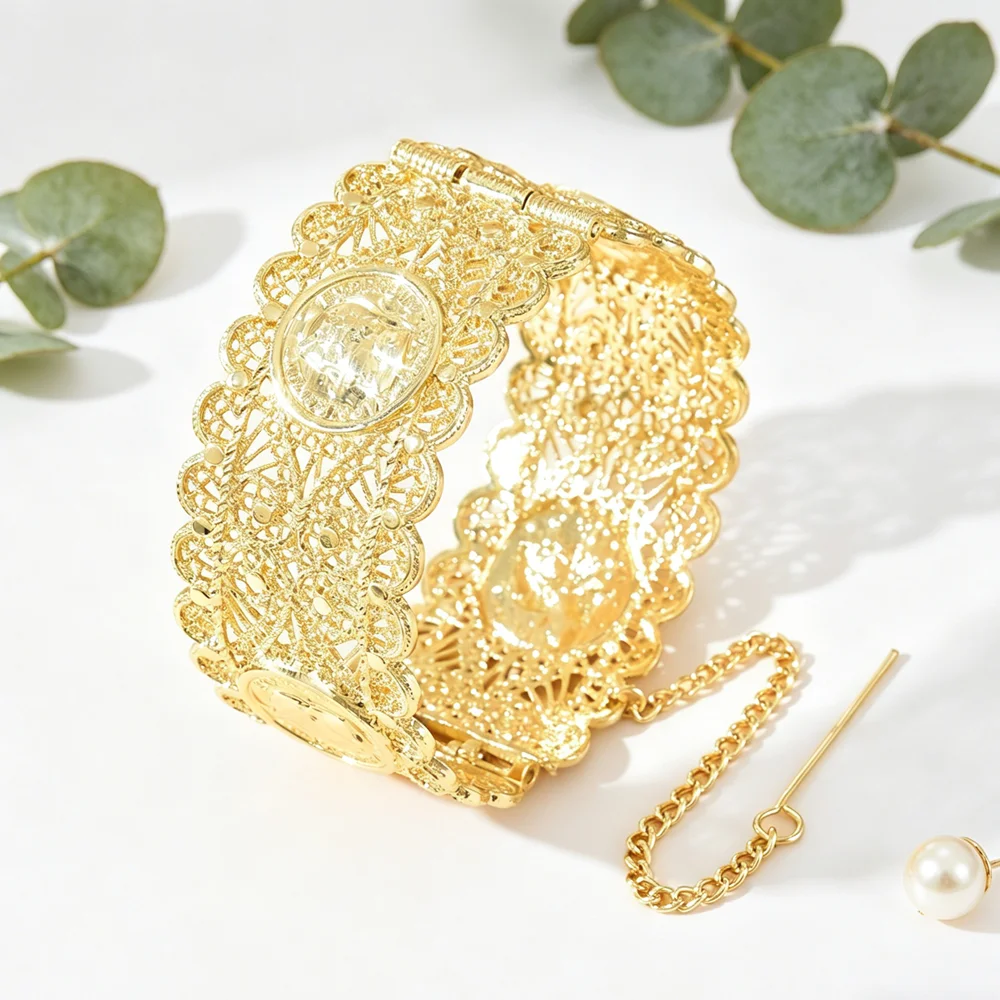 Middle Eastern Golden Bangle Intricate Filigree Craft with Safety Chain Wide Bracelet For Bridal Ethnic Wear