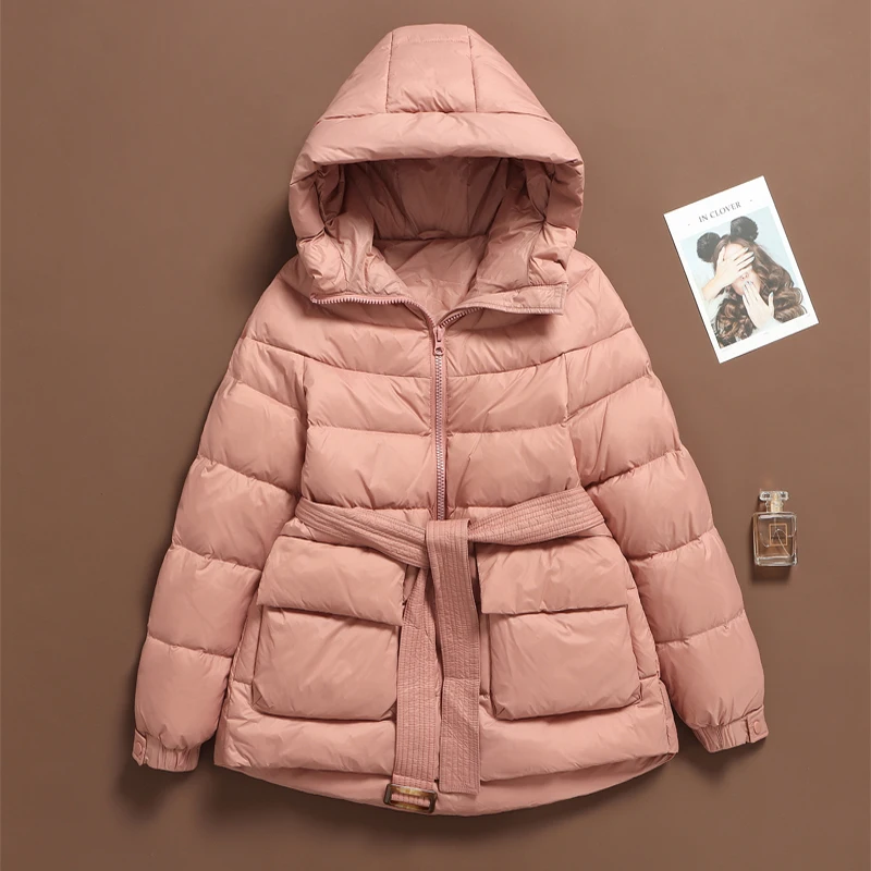 Down Jacket Women 2023 Winter New Casual Puffer Coat with belt Warm Quilted Pink Parka Ladies Light Portable Windproof Outerwear