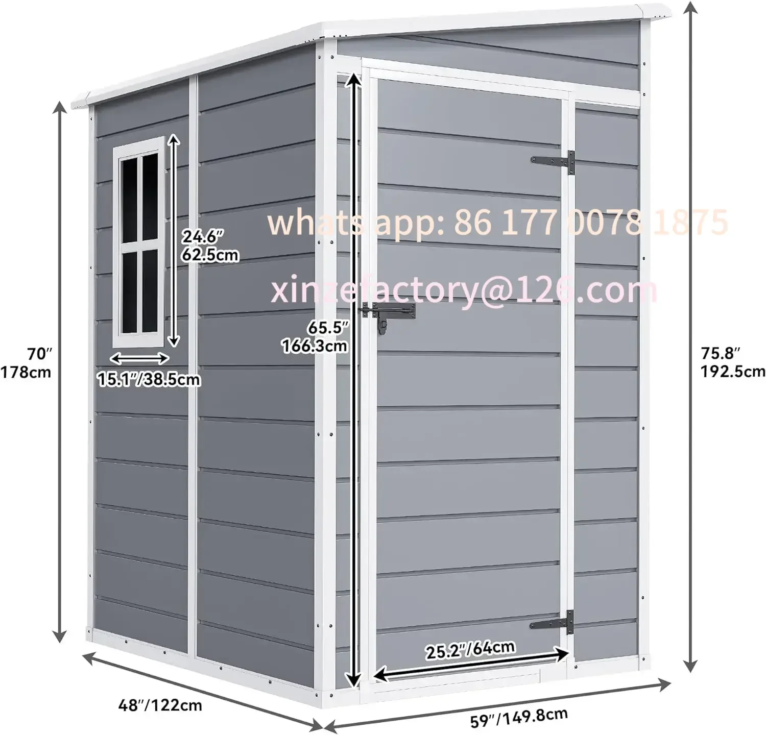 Capannone portaoggetti da esterno in resina personalizzabile con pavimento, grande capannone portaoggetti con porta e finestra con serratura, plastica impermeabile