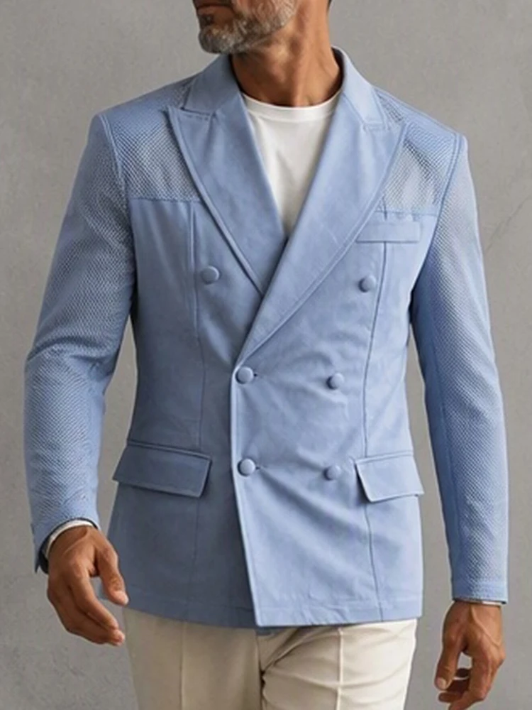 Men's Blue Casual Business Blazer Mesh Spliced Long Sleeve Double Breasted Peak Lapel Hollow Suit Jacket Fashion Party Outerwear