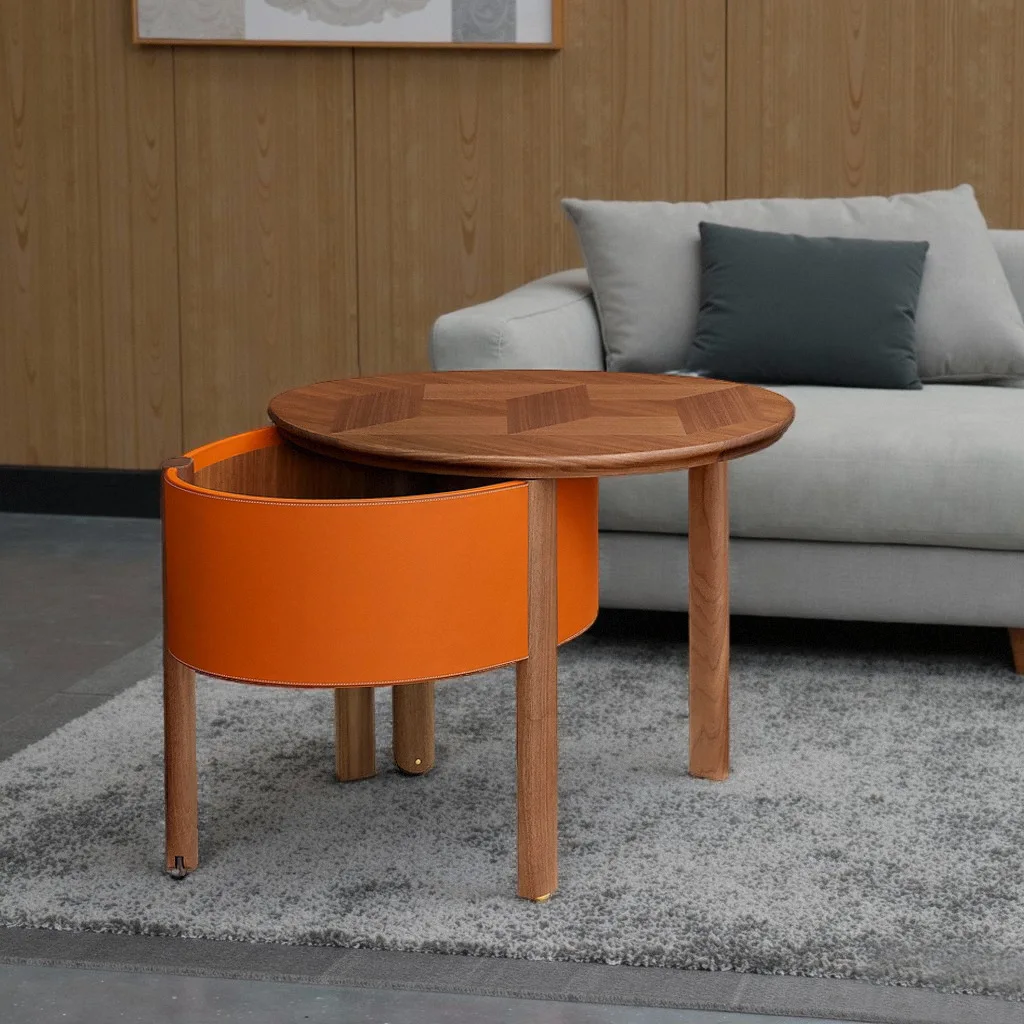 Italian minimalist designer living room bedroom model room sofa side few saddle leather rotating storage coffee table