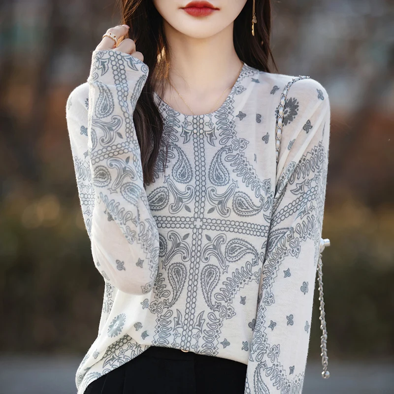 2024 Spring Clothing Top Women\'s Round Neck Pullover Sweater Fashion Printed Knitted Bottom Shirt Casual Long Sleeved T-shirt