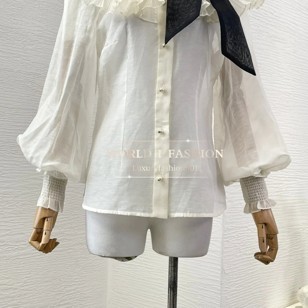 

2025 High Quality Linen and Silk White Ruffles Long Sleeve Blouse Tops